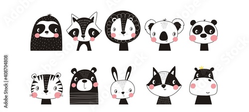 Cute vector print in scandinavian style.
Hand drawn vector illustration for posters, cards, t-shirts. Monochrome sloth, hippo, fox, penguin, deer, tiger, bunny, panda, giraffe, bear