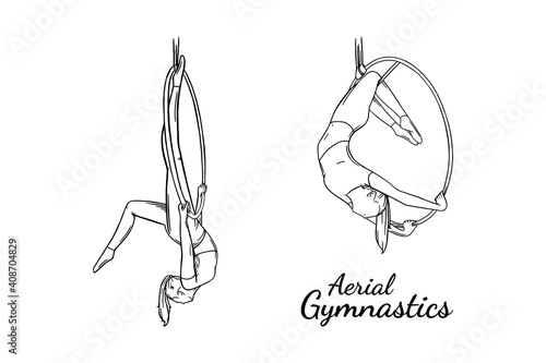 Aerial female gymnast set. Aerial gymnastics strength iproving pose. Engraved vector illustration isolated on white background