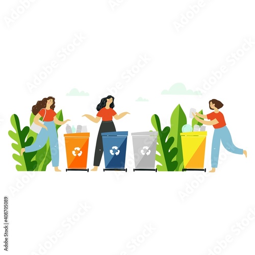 Vector cartoon people in modern style. Vector illustration waste recycling concept. Gathering, sorting and transportation of plastic. People throw garbage in the tank in nature