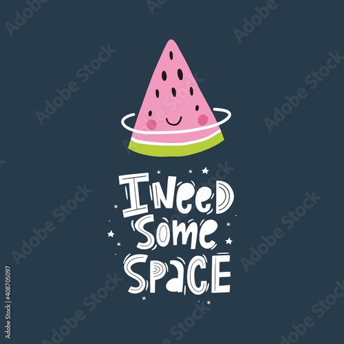 Cute cartoon fruits in space adventure. Fresh summer print for kids in modern stylle. Vector fruits planet in space.