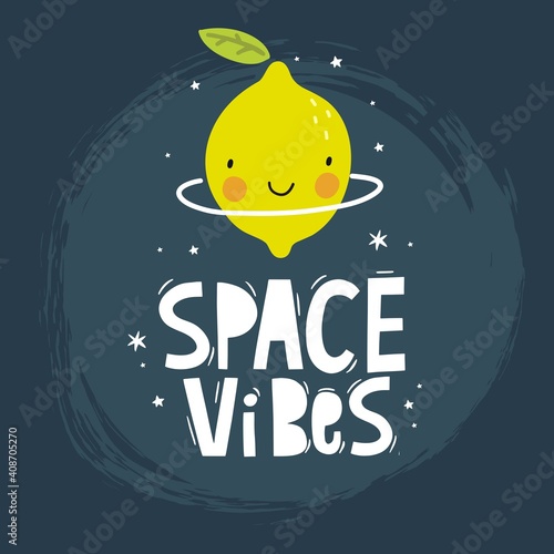 Cute cartoon fruits in space adventure. Fresh summer print for kids in modern stylle. Vector fruits planet in space.