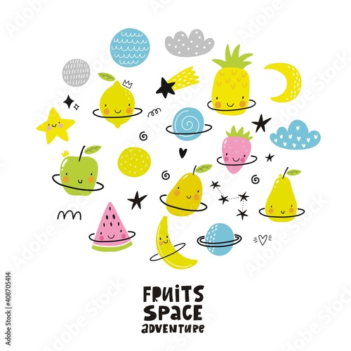 Cute cartoon fruits in space adventure. Fresh summer print for kids in modern stylle. Vector fruits planet in space.