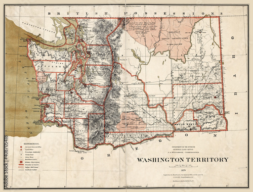 Washington Territory Map 1879.  Enhanced, restored reproduction of an old map dated 1879. Shows the counties of the Washington Territory, and the Quinault, Yakima, and Colville Indian Reserervation.  photo