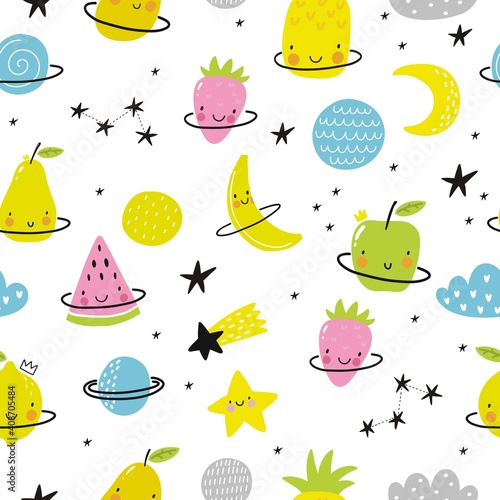 Cute cartoon fruits in space adventure. Fresh summer print for kids in modern stylle. Vector fruits planet in space.
