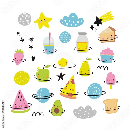 Cute cartoon fruits in space adventure. Fresh summer print for kids in modern stylle. Vector fruits planet in space.