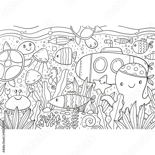 Big under water coloring page. Sea life coloring book with  fish, octopus, crab, seahorse, turtle, shells