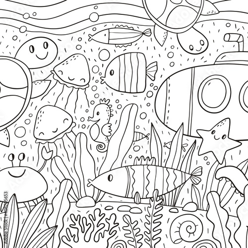 Big under water coloring page. Sea life coloring book with  fish, octopus, crab, seahorse, turtle, shells