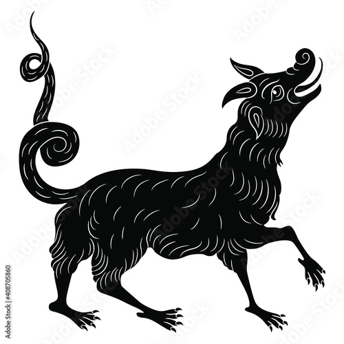 Fantastic animal. Dog or dragon. Medieval illuminated manuscript art. Black and white silhouette.