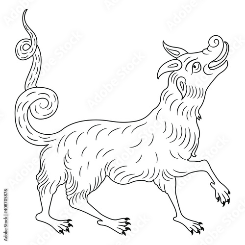 Fantastic animal. Dog or dragon. Medieval illuminated manuscript art. Black and white linear silhouette.
