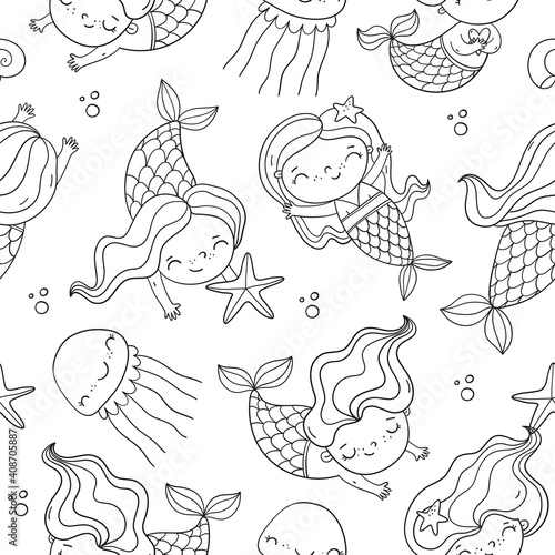 Cute cartoon little mermaid coloring page. Monochrome vector print with mermaid under water in the sea