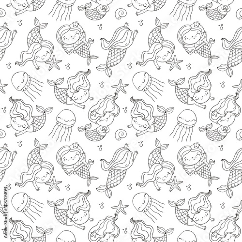 Cute cartoon little mermaid coloring page. Monochrome vector print with mermaid under water in the sea