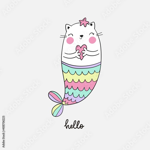 Cute magical unicorn, cat - mermaid, vector illustration.  Cool summer print 