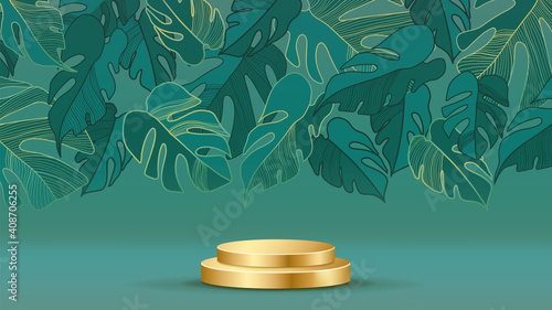 Luxury gold wall arts design with 3d cylinder podium background vector. Abstract minimal scene with gold botanical pattern for cosmetic product display, Stage pedestal for online shopping ad.