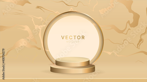 Luxury gold marble art design with 3d cylinder podium background vector. Abstract minimal scene with gold botanical pattern for cosmetic product display, Stage pedestal for online shopping ad.