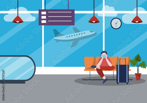 New norma, Vector illustration People in Masks Sitting in Airport Interior Terminal, Business Travel Concept. Flat design.