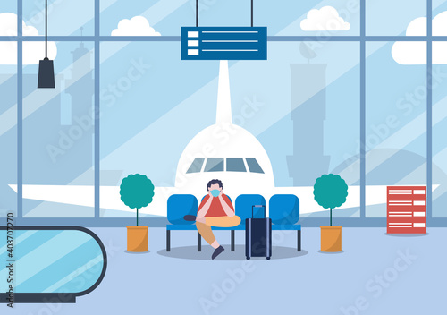 New norma, Vector illustration People in Masks Sitting in Airport Interior Terminal, Business Travel Concept. Flat design.