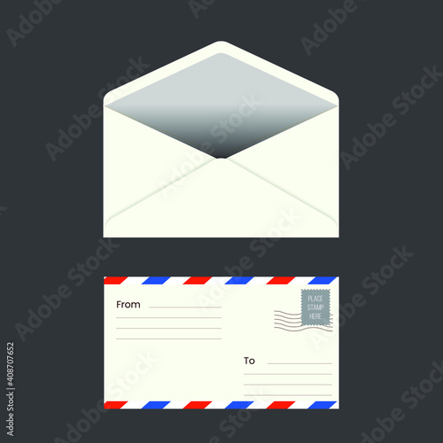 Mockup realistic envelopes. Blank white realistic straight flap envelopes mockup. 3d rendering illustration. Opened and closed envelope template design. Eps10 vector illustration.