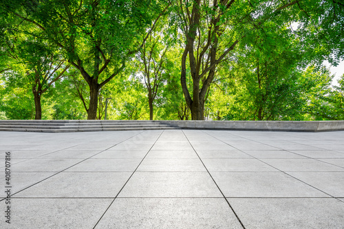Canvas Print Empty square floor and green forest in city park.