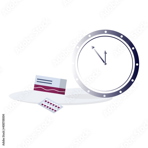 Watches and pills. Time of taking medications or vitamins. The concept of an accurate timetable for treatment or prevention. Medicine and pharmacy. Vector illustration. Flat style.