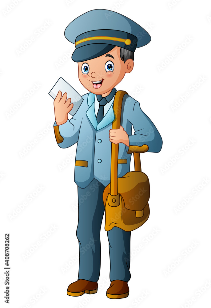 Cartoon postman holding mail and bag Cartoon postman holding mail and bag