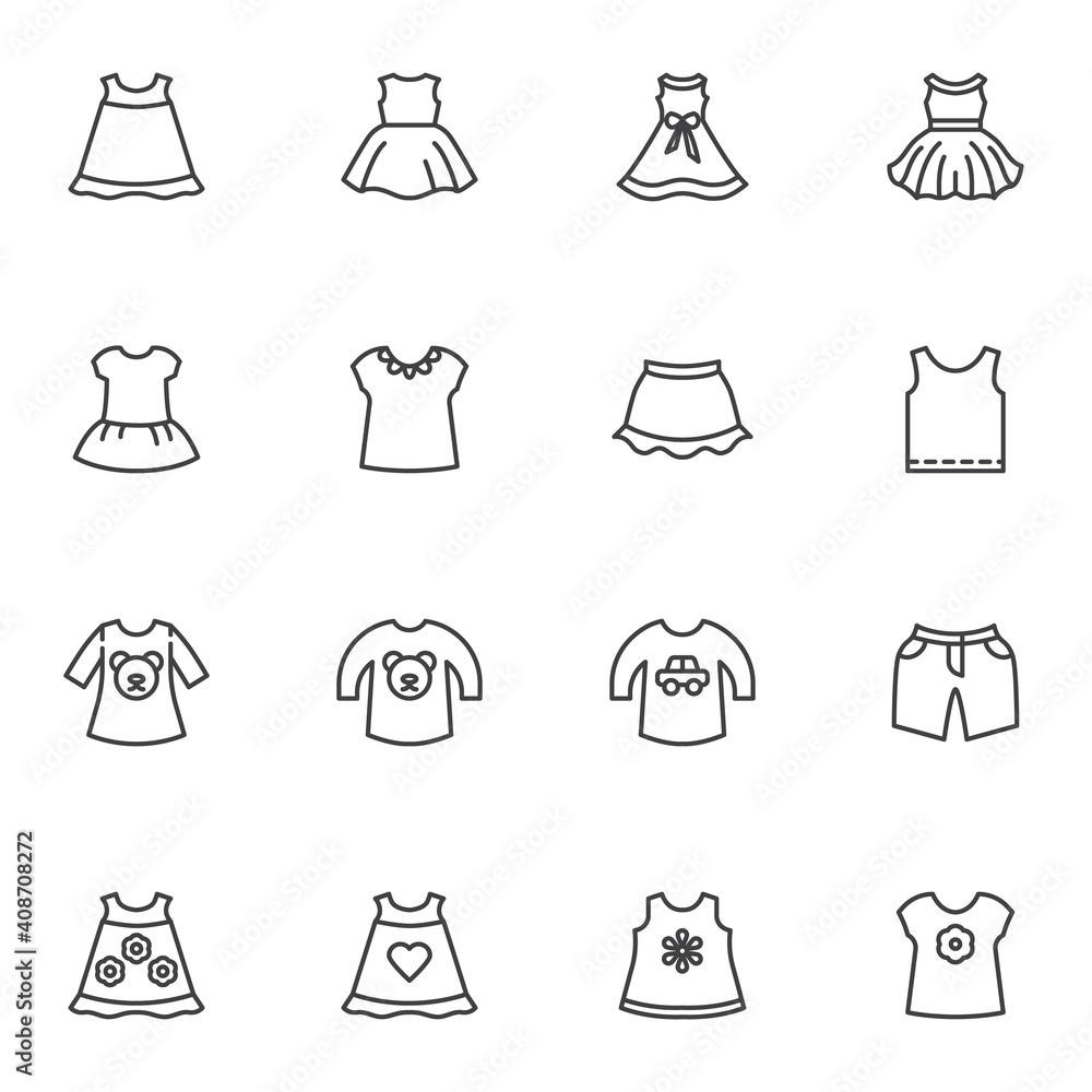 Baby clothes line icons set, outline vector symbol collection, linear style pictogram pack. Signs, logo illustration. Set includes icons as summer dress, baby girl skirt, jumper, shorts, t-shirt Baby clothes line icons set, outline vector symbol collection, linear style pictogram pack. Signs, logo illustration. Set includes icons as summer dress, baby girl skirt, jumper, shorts, t-shirt