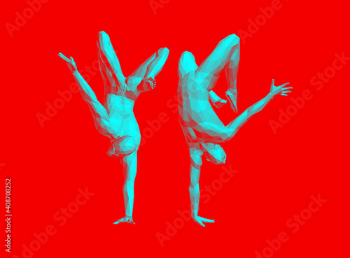 Man making one arm handstand. Gymnast. 3D vector illustration for fitness studio, dance class, yoga or aerobics training.