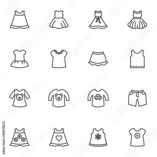 Baby clothes line icons set  outline vector symbol collection  linear style pictogram pack. Signs  logo illustration. Set includes icons as summer dress  baby girl skirt  jumper  shorts  t-shirt