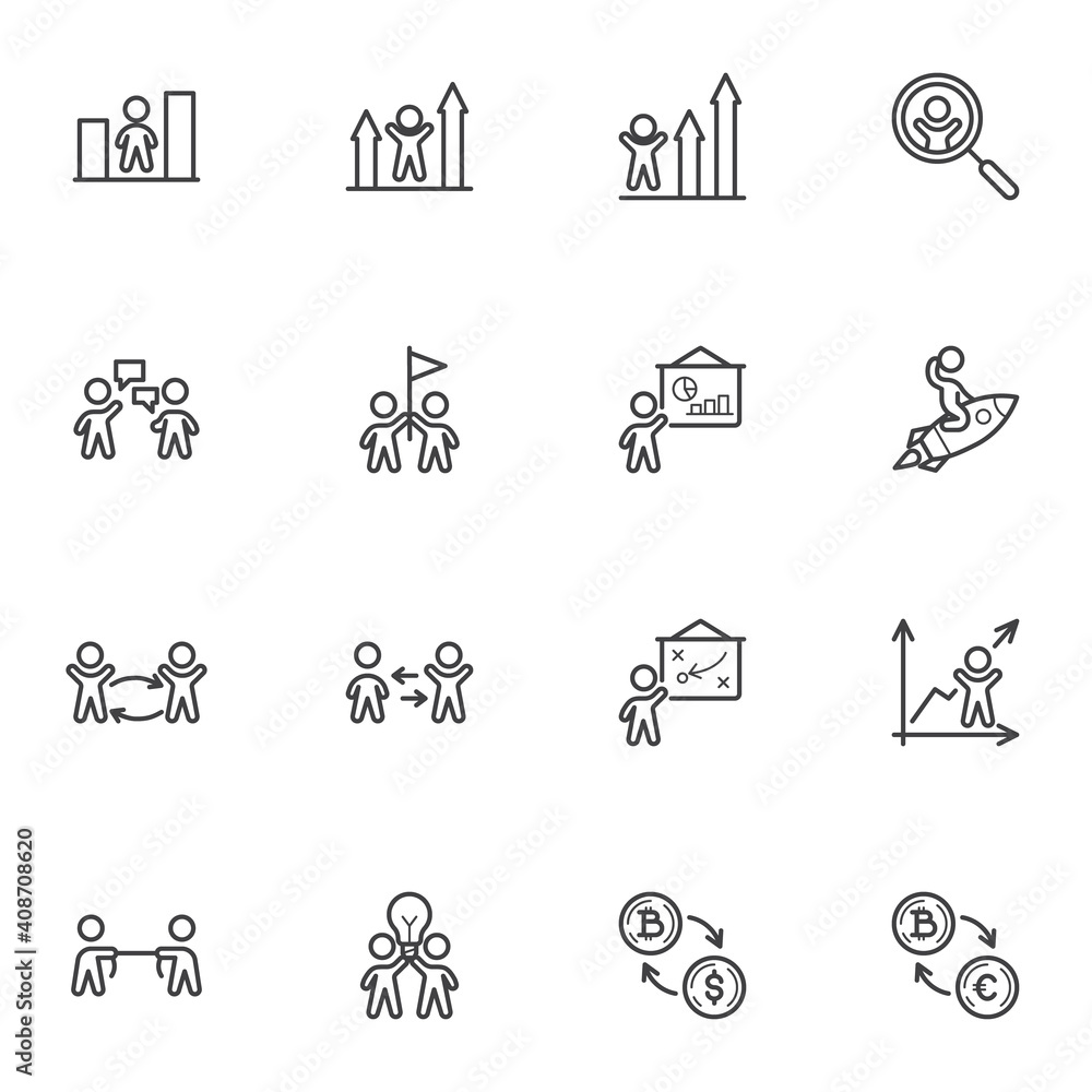 Business line icons set, outline vector symbol collection, linear style pictogram pack. Signs logo illustration. Set includes icons - growth chart, business presentation, community, strategy, teamwork Business line icons set, outline vector symbol collection, linear style pictogram pack. Signs logo illustration. Set includes icons - growth chart, business presentation, community, strategy, teamwork
