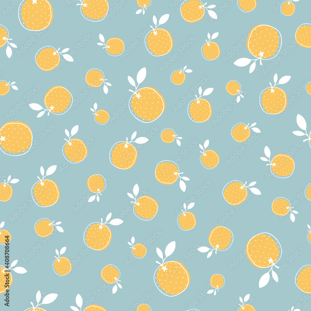 Fototapeta Wektor wzór z pomarańczowymi owocami na niebieskim tle. Ładny wzór z ręcznie rysowanymi owocami