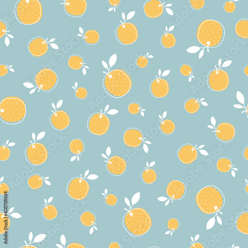 Vector seamless pattern with orange fruit on blue background. Cute pattern with hand drawn fruits