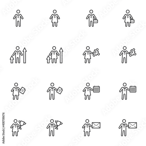 Business people line icons set, outline vector symbol collection, linear style pictogram pack. Signs, logo illustration. Set includes icons as businessman with briefcase, businesswoman, solution