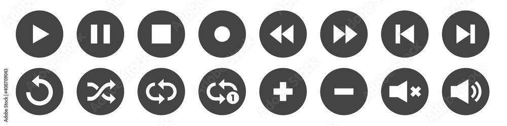 Obraz premium Media player control buttons set. Play, pause, stop, record, forward, rewind, previous, next, eject, repeat icons. Vector illustration.