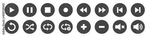 Media player control buttons set. Play, pause, stop, record, forward, rewind, previous, next, eject, repeat icons. Vector illustration.