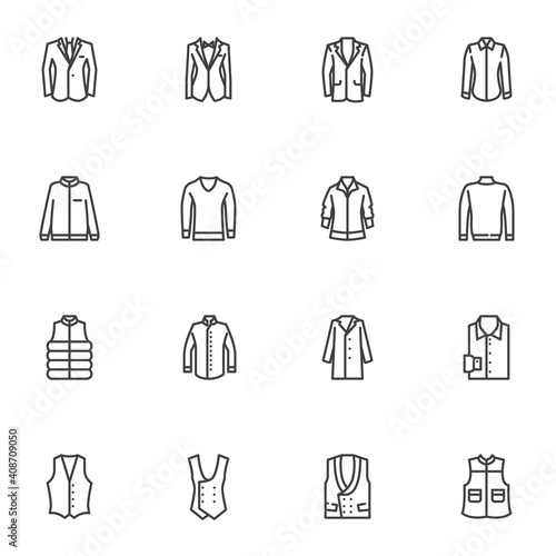 Men clothing line icons set, outline vector symbol collection, linear style pictogram pack. Signs, logo illustration. Set includes icons as sweater, tuxedo, winter coat, waistcoat, shirt, sweatshirt