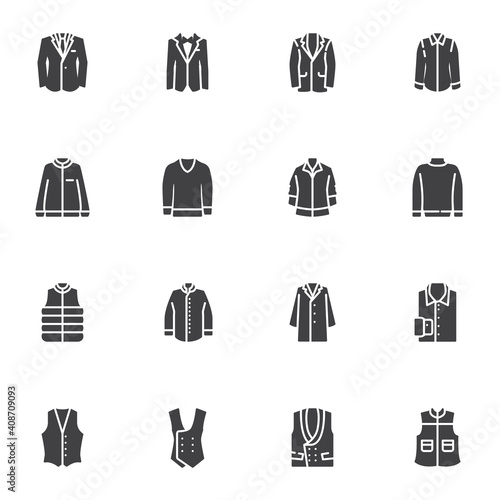 Men clothing vector icons set  modern solid symbol collection  filled style pictogram pack. Signs  logo illustration. Set includes icons as sweater  tuxedo  winter coat  waistcoat  shirt  sweatshirt