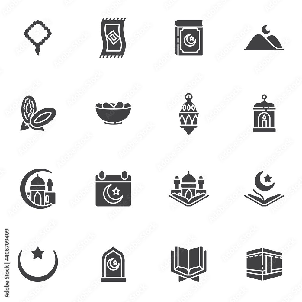 Ramadan Kareem vector icons set, modern solid symbol collection, filled style pictogram pack. Signs logo illustration. Set includes icons as iftar food, holy quran book, ramadan lantern, mosque, namaz Ramadan Kareem vector icons set, modern solid symbol collection, filled style pictogram pack. Signs logo illustration. Set includes icons as iftar food, holy quran book, ramadan lantern, mosque, namaz