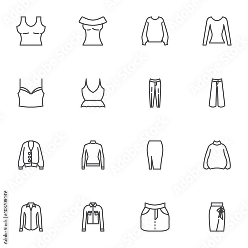Women clothes line icons set, outline vector symbol collection, linear style pictogram pack. Signs, logo illustration. Set includes icons as long sleeve blouse, jacket, sweater, denim skirt, shirt