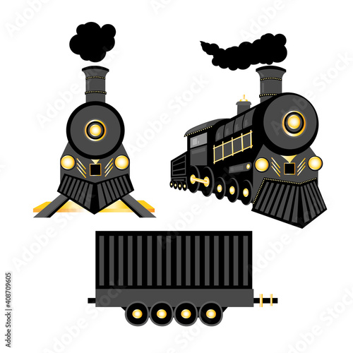 Vector retro train. Black locomotive and freight car with gold details isolated on a white background