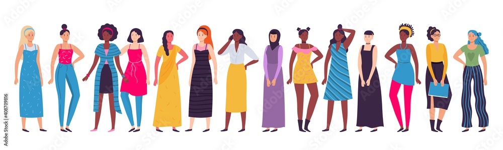 Multiethnic group of women. Vector diverse standing female african and asian, diversity girl international, unity move illustration Multiethnic group of women. Vector diverse standing female african and asian, diversity girl international, unity move illustration