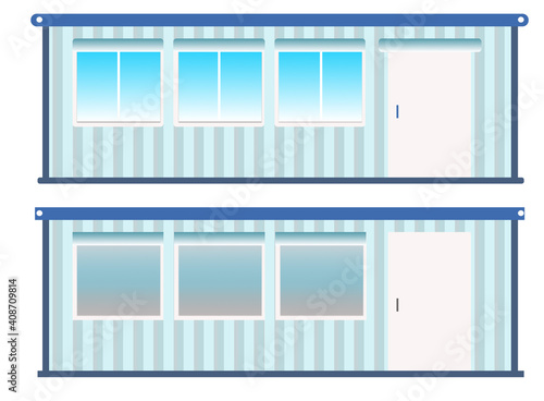 Illustration of a house a flat roof. Commercial building with flat roof. Illustrations houses on a white background. Concept - premises made of shipping containers. House with blue stripes