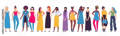 Multiethnic group of women. Vector diverse standing female african and asian, diversity girl international, unity move illustration