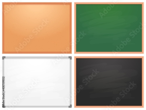 School chalkboard, cork board, whiteboard for markers. Collection of billboard for school college oe office, whiteboard and wooden. Vector illustration