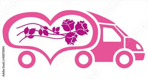 Stylized vector drawing of a cargo car van with a heart-shaped cargo area body with three flowers of roses located inside. Concept: Valentine Day gifts, flowers order, purchase, and delivery.