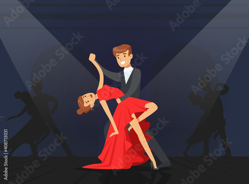 Couple Dancing Tango, Classical Choreography Concept, Dance Class Cartoon Vector Illustration