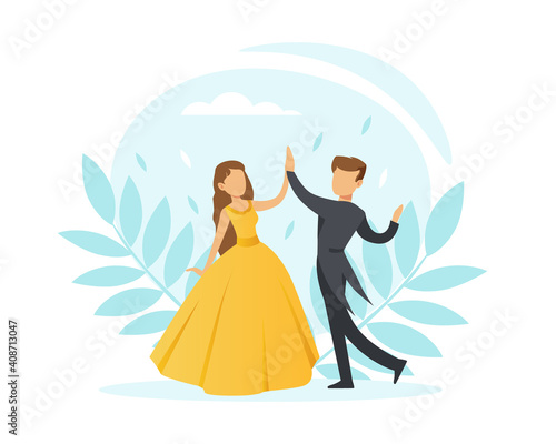 Couple Dancing Waltz, Classical Choreography Concept, Dance Class Cartoon Vector Illustration