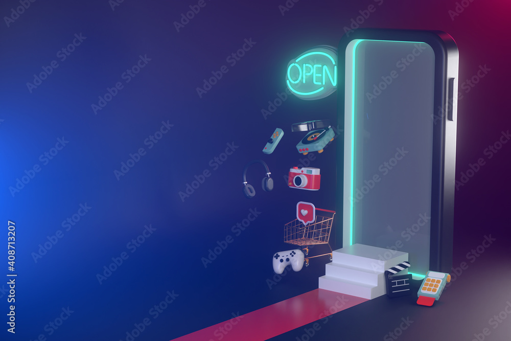 3d rendering of smartphone and shopping cart.