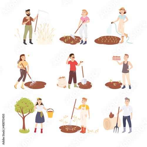 Farmers or Agricultural Workers Cultivating Plants and Gathering Crops Vector Illustration Set