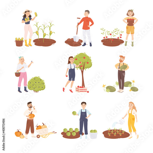 Farmers or Agricultural Workers Cultivating Plants and Gathering Crops Vector Illustration Set