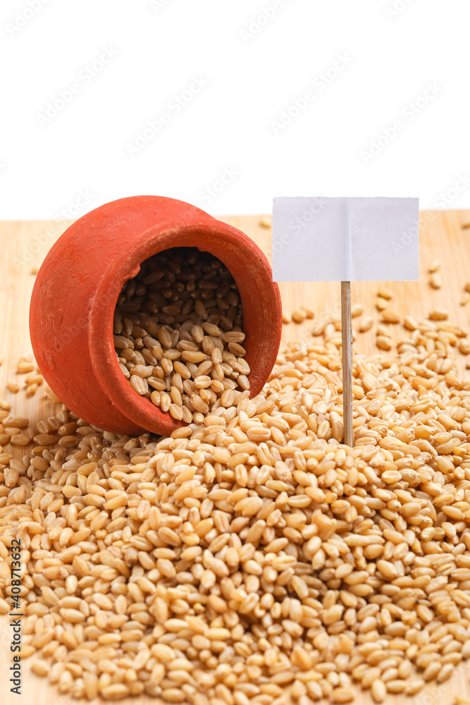 Wheat grains in clay pot on white background Wheat grains in clay pot on white background