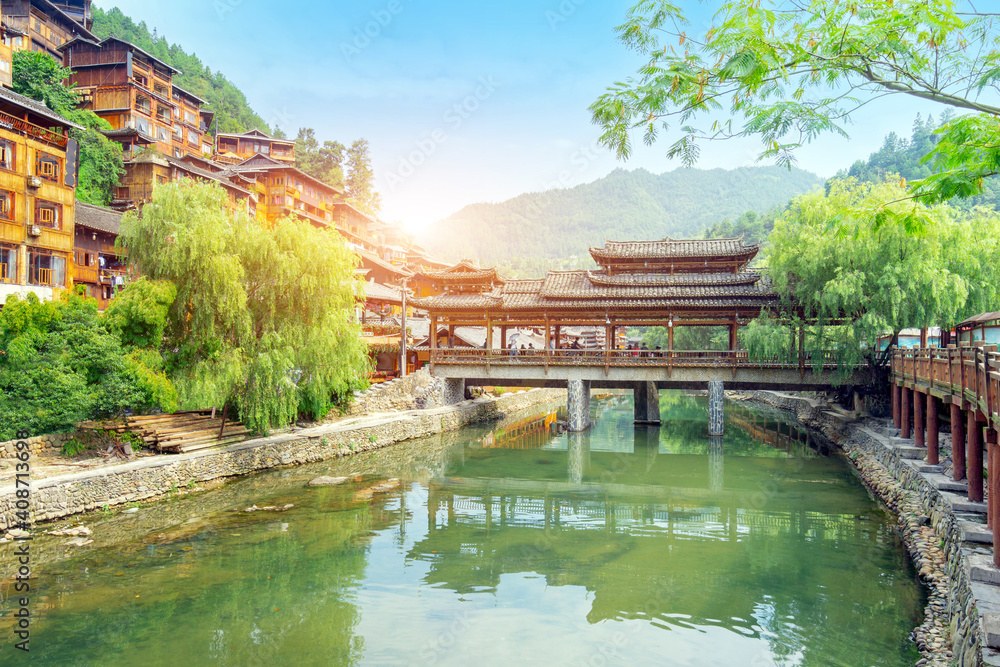 Fototapeta premium Diaojiaolou in Xijiang Miao Village, Guizhou, China.